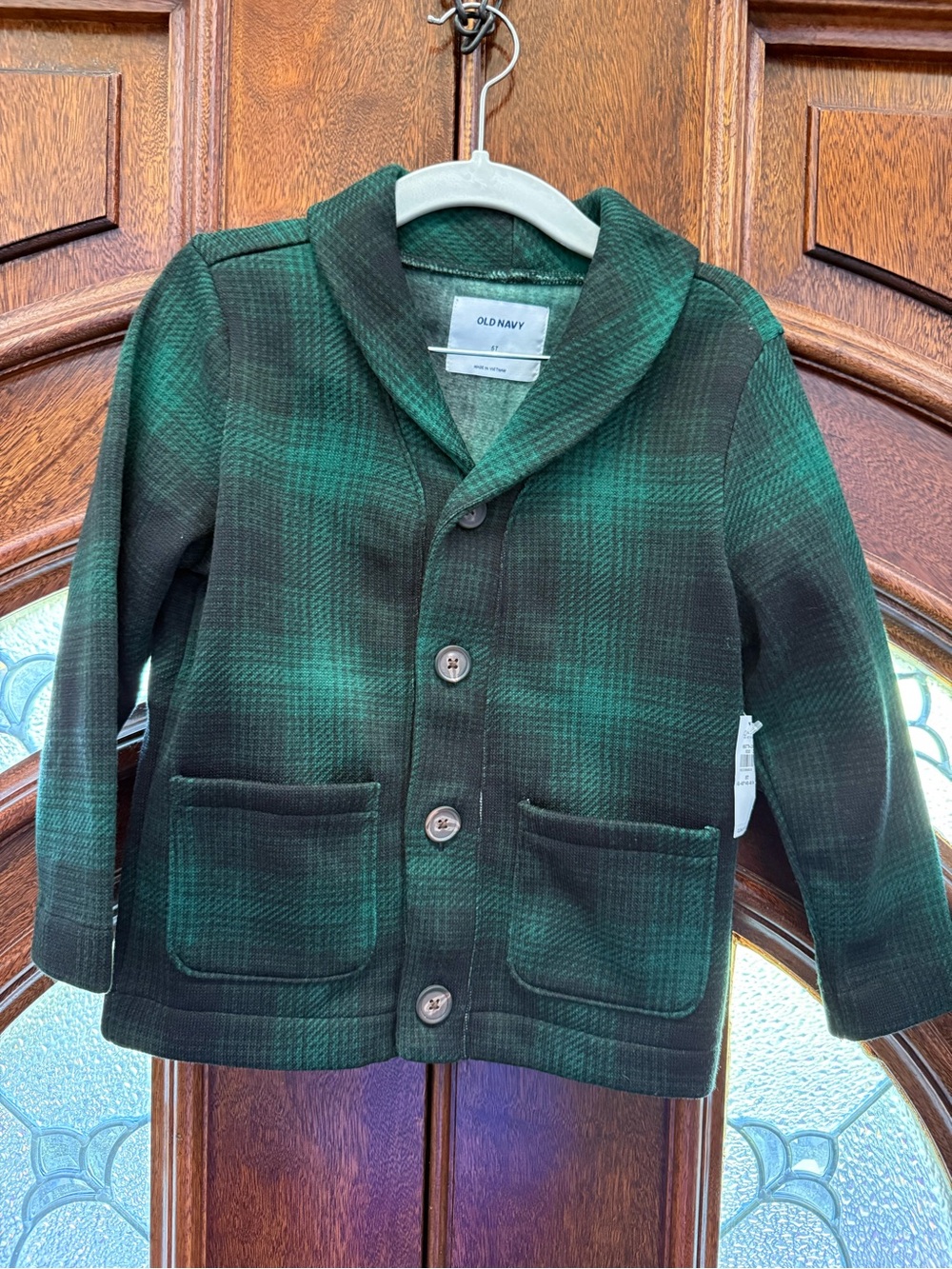 Old Navy Green and Black Plaid Shawl-Collar Kids Jacket